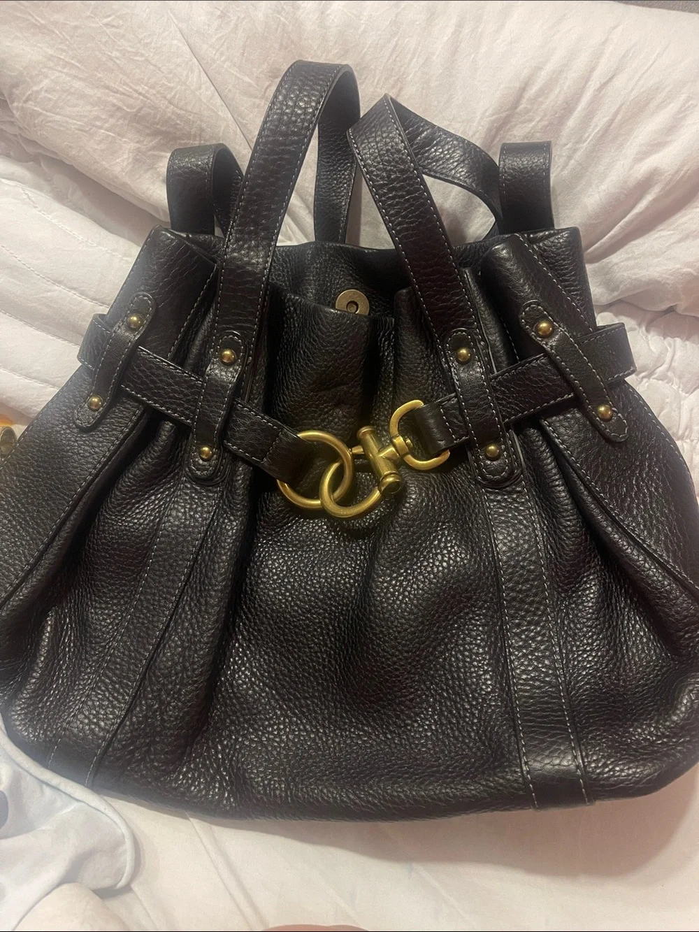 Talbots Black Pebbled Leather Shoulder Bag with Gold Rings